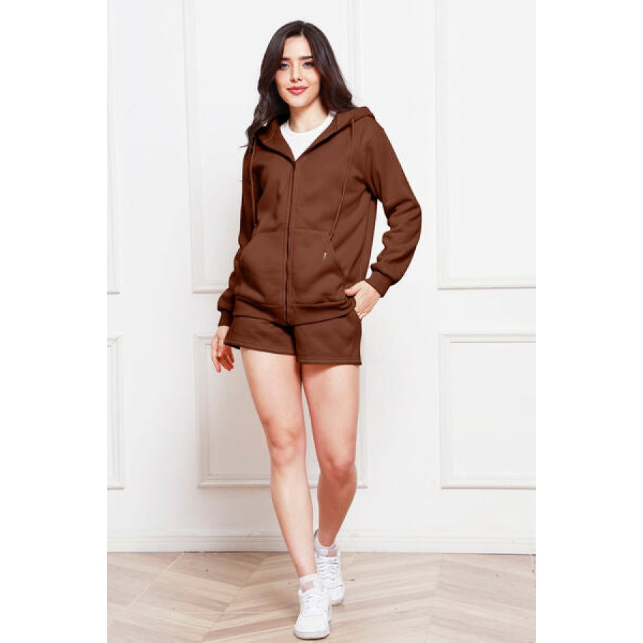 Zip Up Drawstring Hoodie and Shorts Set Chocolate / S Clothing