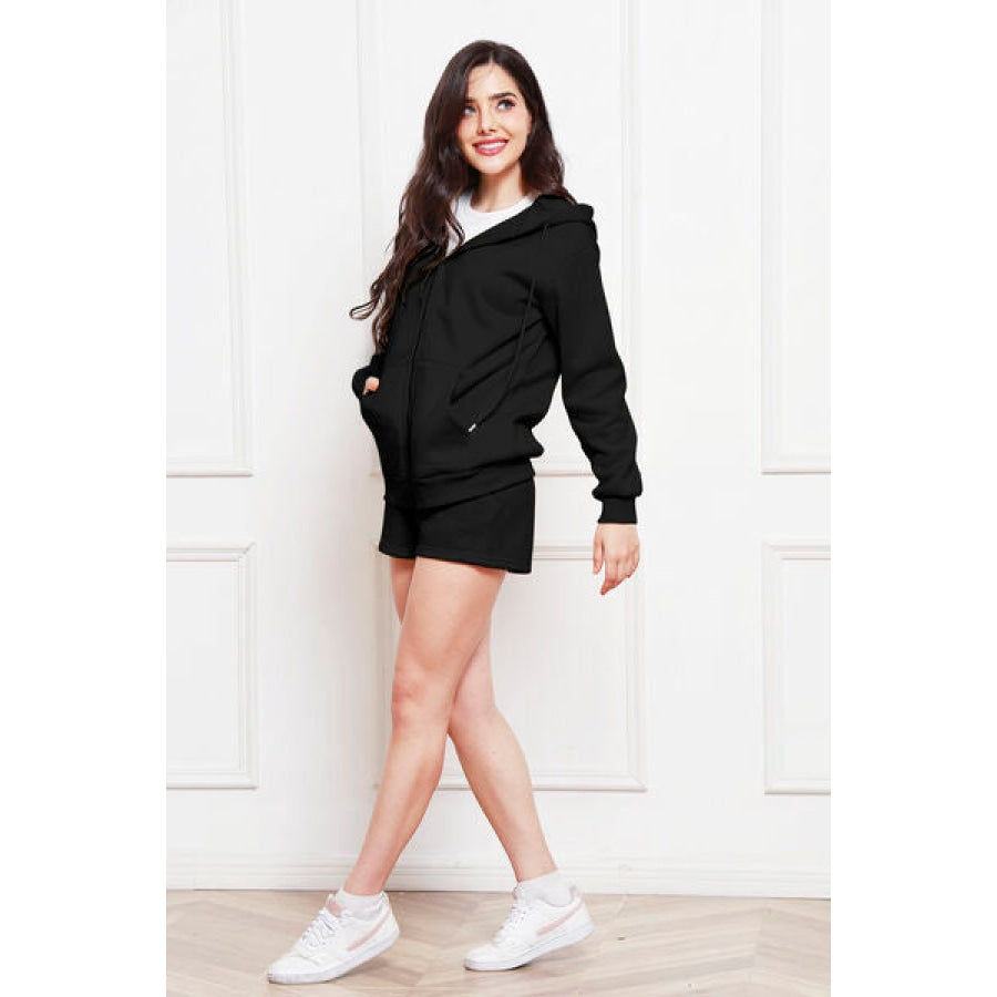 Zip Up Drawstring Hoodie and Shorts Set Clothing