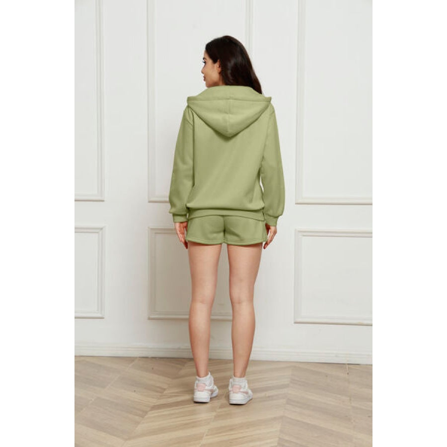 Zip Up Drawstring Hoodie and Shorts Set Clothing