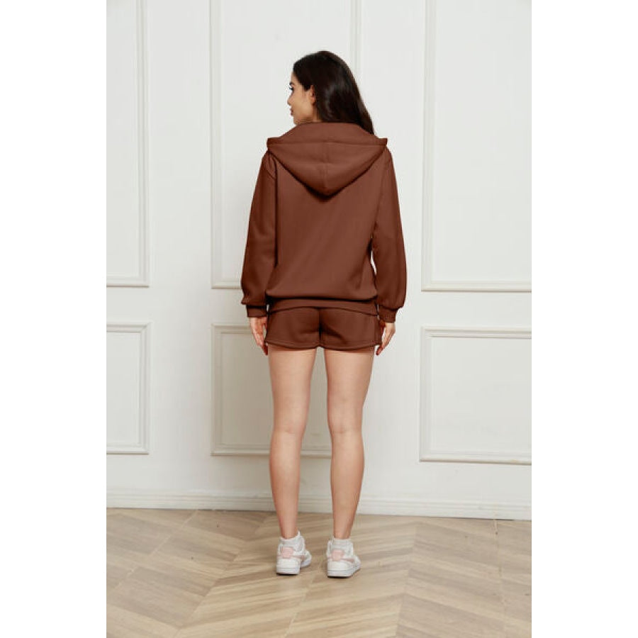 Zip Up Drawstring Hoodie and Shorts Set Clothing