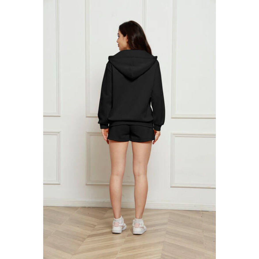 Zip Up Drawstring Hoodie and Shorts Set Clothing