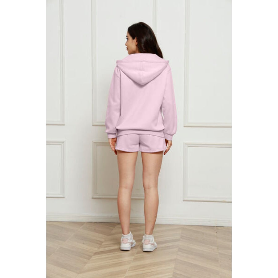 Zip Up Drawstring Hoodie and Shorts Set Clothing