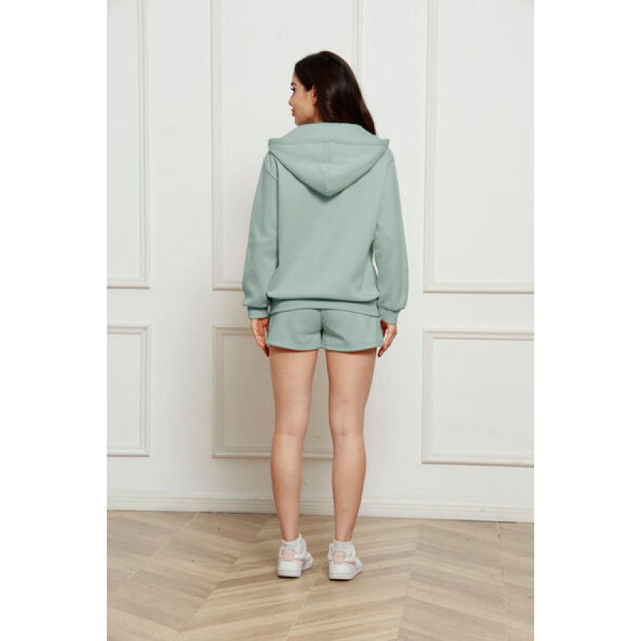 Zip Up Drawstring Hoodie and Shorts Set Clothing