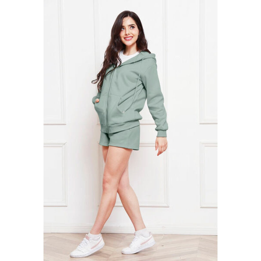 Zip Up Drawstring Hoodie and Shorts Set Clothing