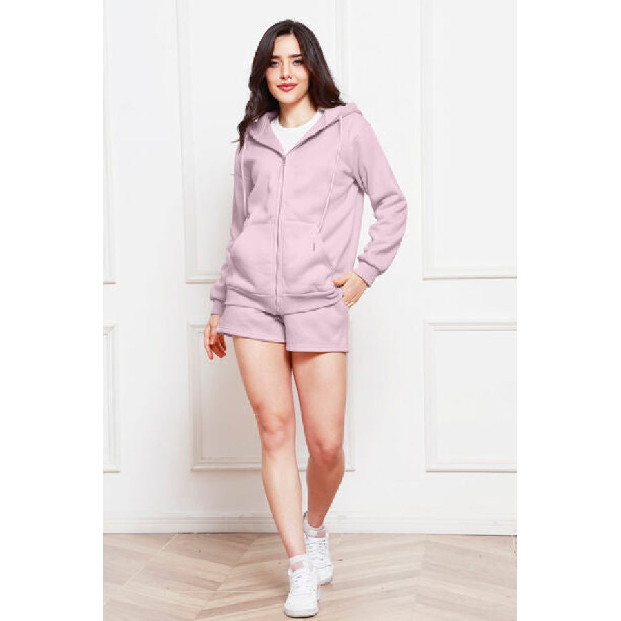 Zip Up Drawstring Hoodie and Shorts Set Lilac / S Clothing