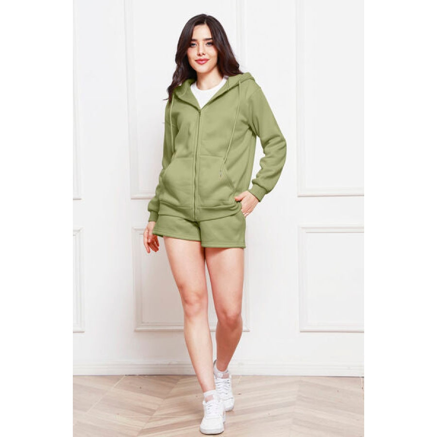 Zip Up Drawstring Hoodie and Shorts Set Matcha Green / S Clothing