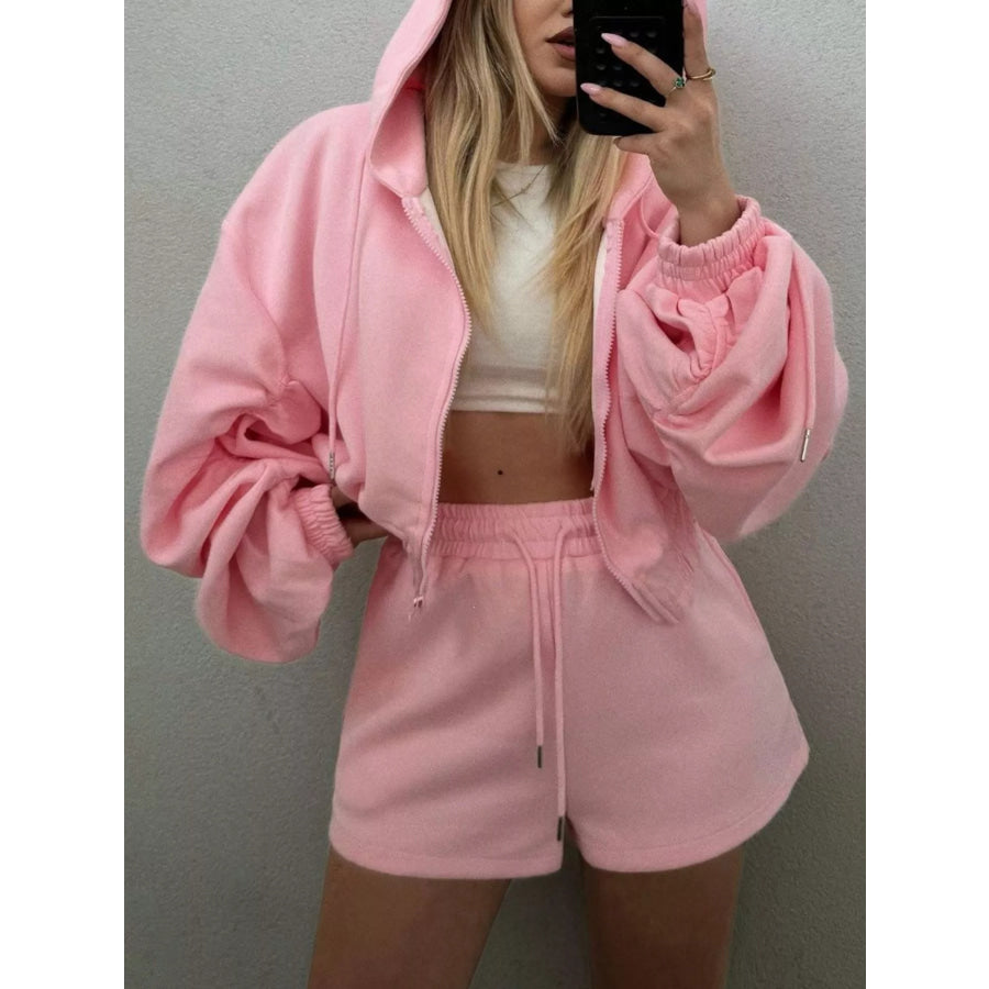 Zip Up Drawstring Outerwear and Shorts Set Apparel and Accessories