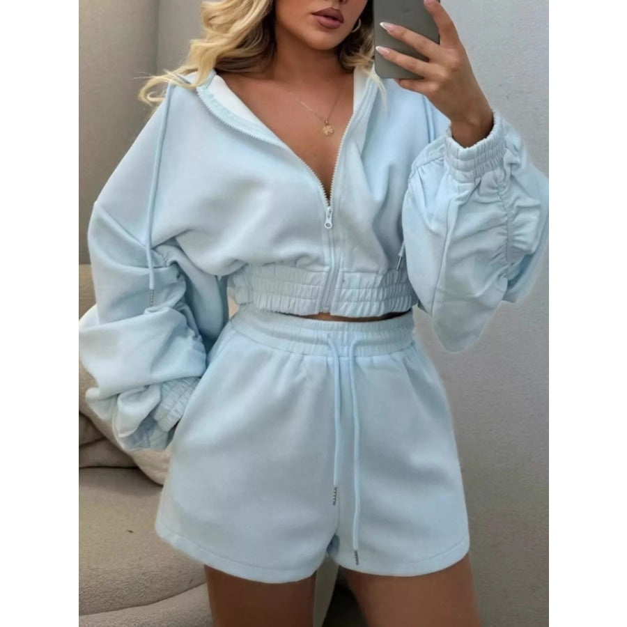 Zip Up Drawstring Outerwear and Shorts Set Blue / S Apparel and Accessories