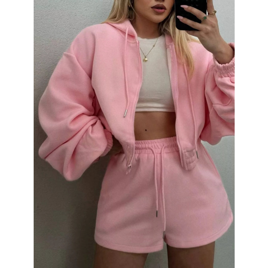 Zip Up Drawstring Outerwear and Shorts Set Pink / S Apparel and Accessories