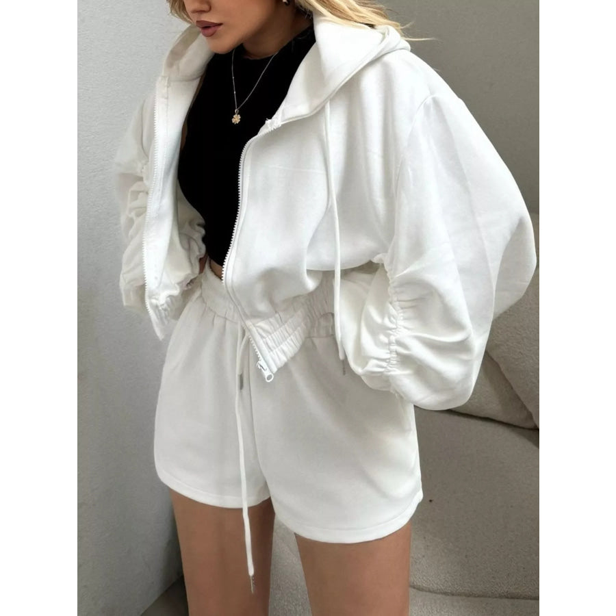 Zip Up Drawstring Outerwear and Shorts Set White / S Apparel and Accessories