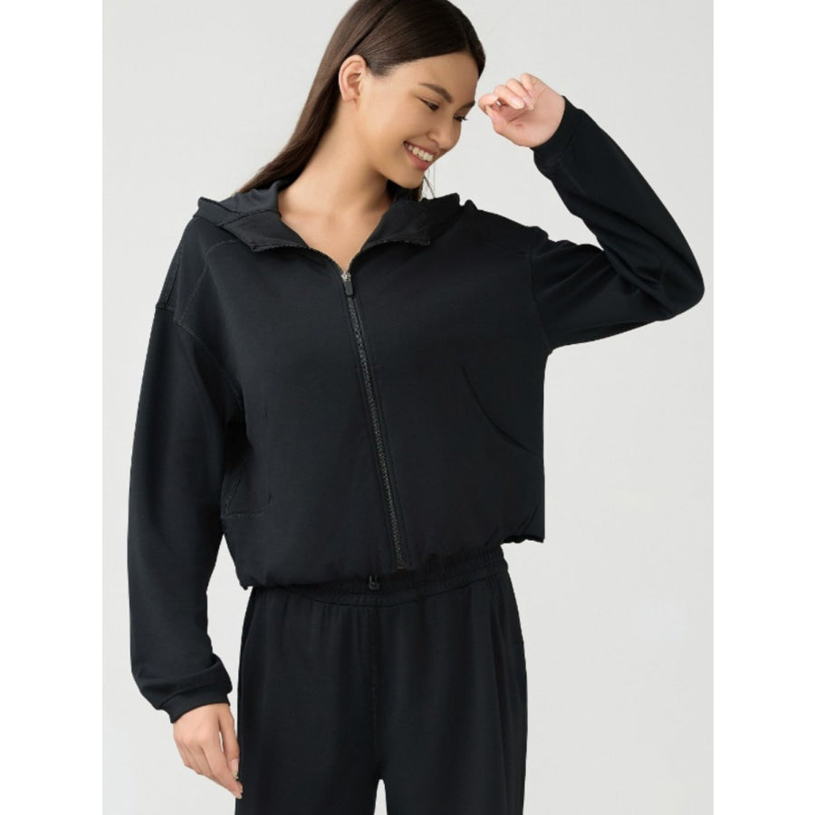 Zip Up Dropped Shouder Active Hooded Black / 4 Apparel and Accessories