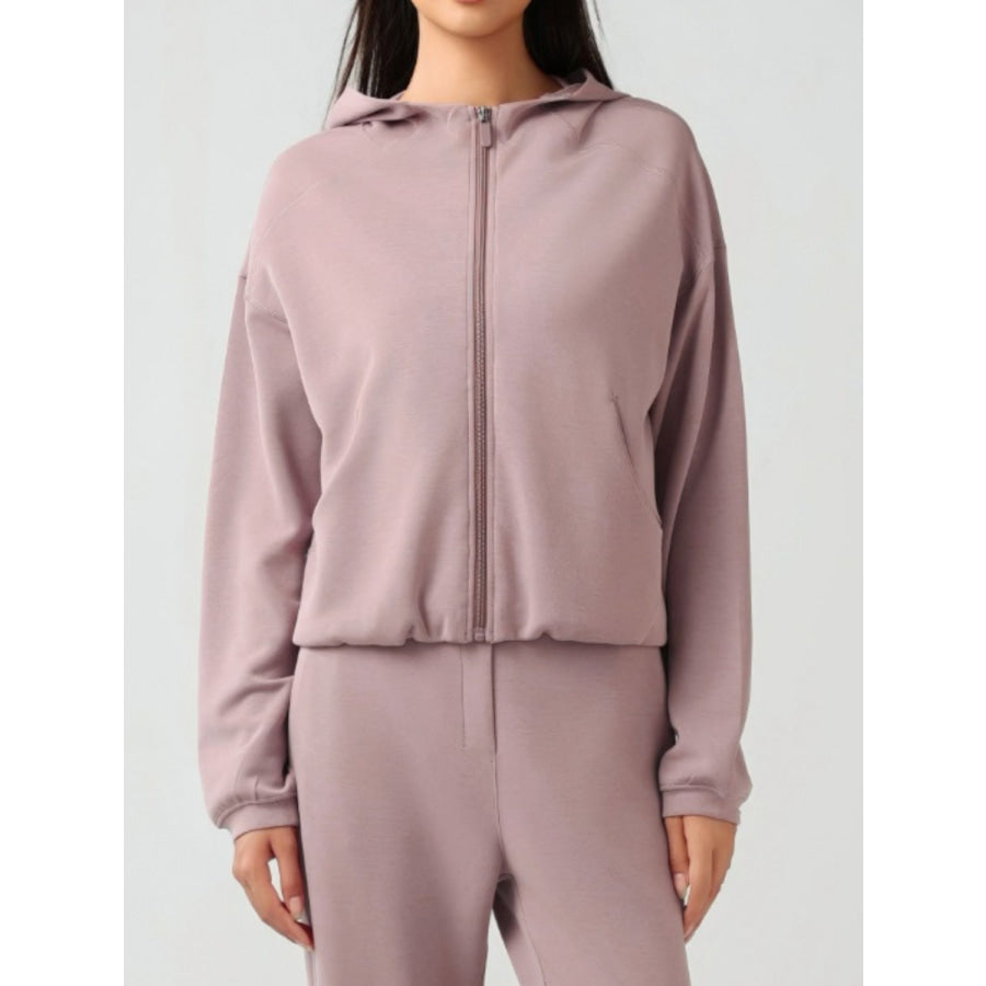 Zip Up Dropped Shouder Active Hooded Dusty Pink / 4 Apparel and Accessories