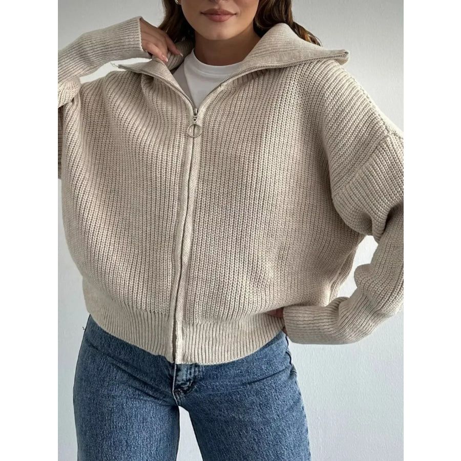 Zip Up Dropped Shoulder Cardigan Apparel and Accessories