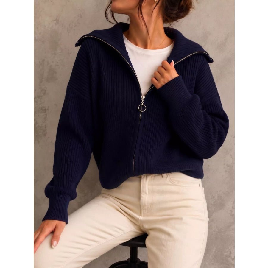 Zip Up Dropped Shoulder Cardigan Apparel and Accessories