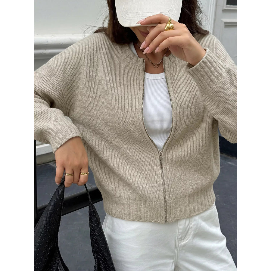 Zip-Up Dropped Shoulder Cardigan Apparel and Accessories