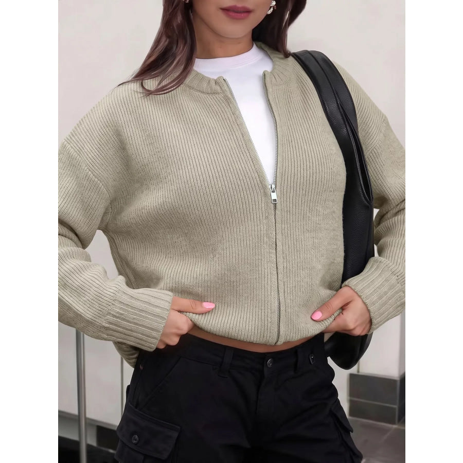 Zip-Up Dropped Shoulder Cardigan Apparel and Accessories