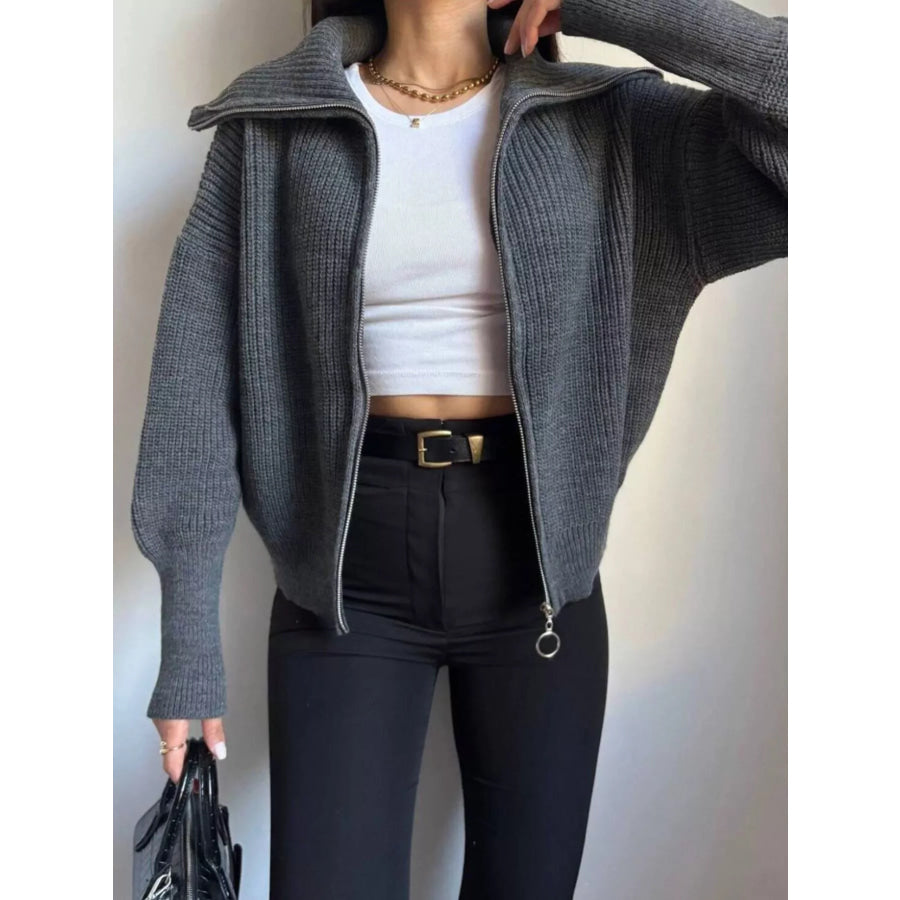 Zip Up Dropped Shoulder Cardigan Apparel and Accessories