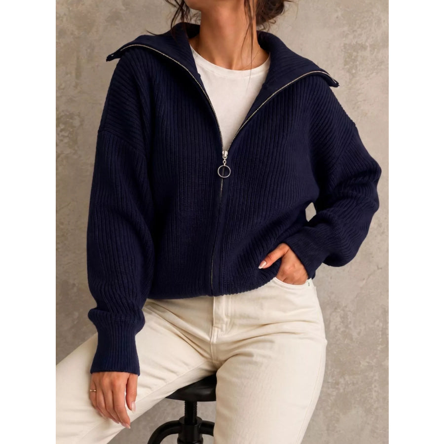 Zip Up Dropped Shoulder Cardigan Apparel and Accessories