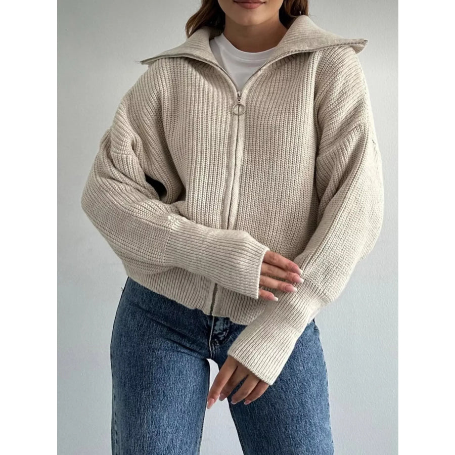 Zip Up Dropped Shoulder Cardigan Apparel and Accessories