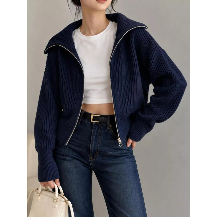 Zip Up Dropped Shoulder Cardigan Apparel and Accessories