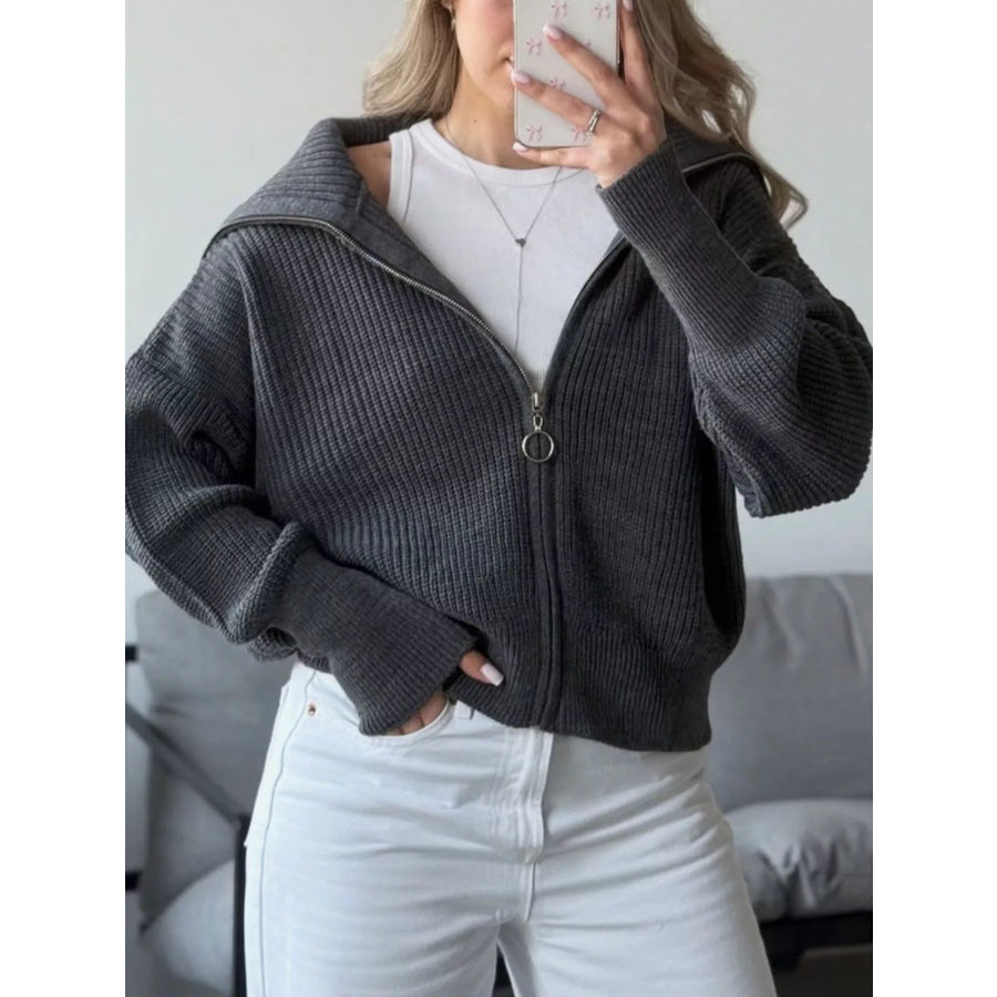 Zip Up Dropped Shoulder Cardigan Apparel and Accessories