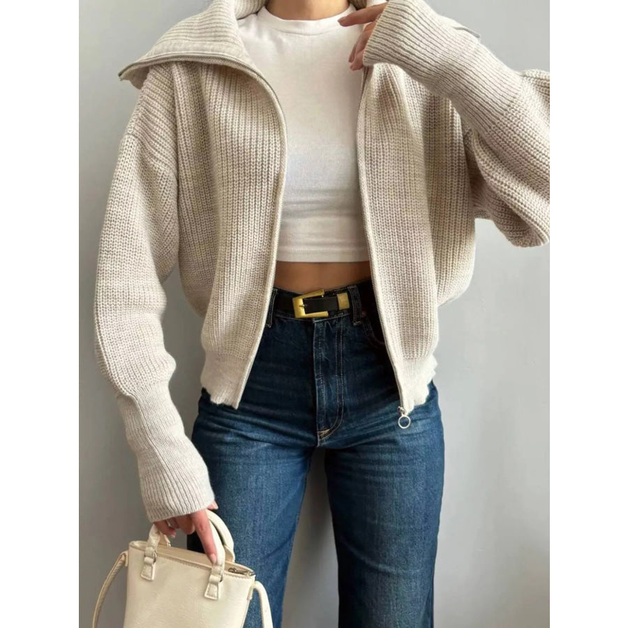 Zip Up Dropped Shoulder Cardigan Apparel and Accessories