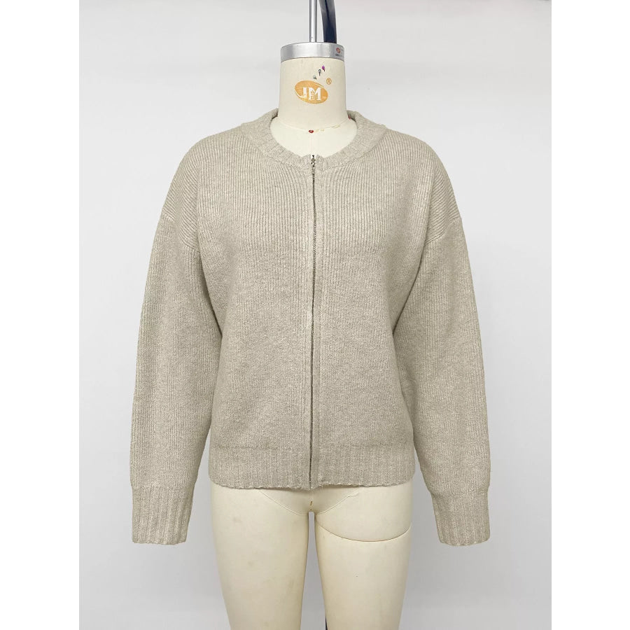 Zip-Up Dropped Shoulder Cardigan Apparel and Accessories