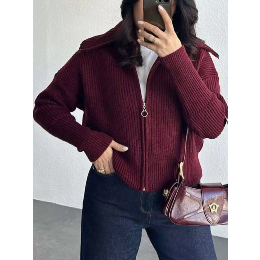 Zip Up Dropped Shoulder Cardigan Apparel and Accessories