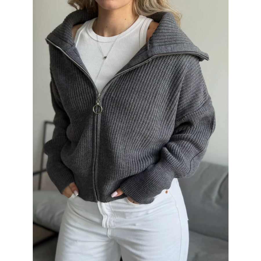 Zip Up Dropped Shoulder Cardigan Apparel and Accessories