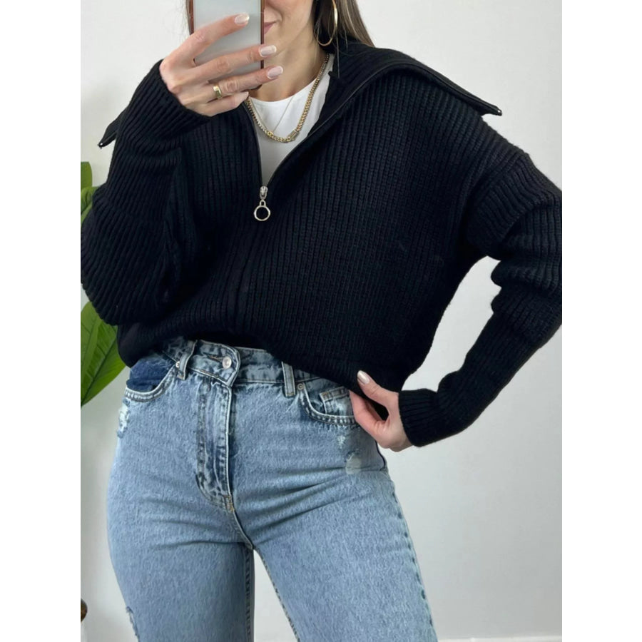Zip Up Dropped Shoulder Cardigan Black / S Apparel and Accessories