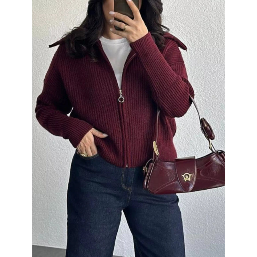 Zip Up Dropped Shoulder Cardigan Burgundy / S Apparel and Accessories