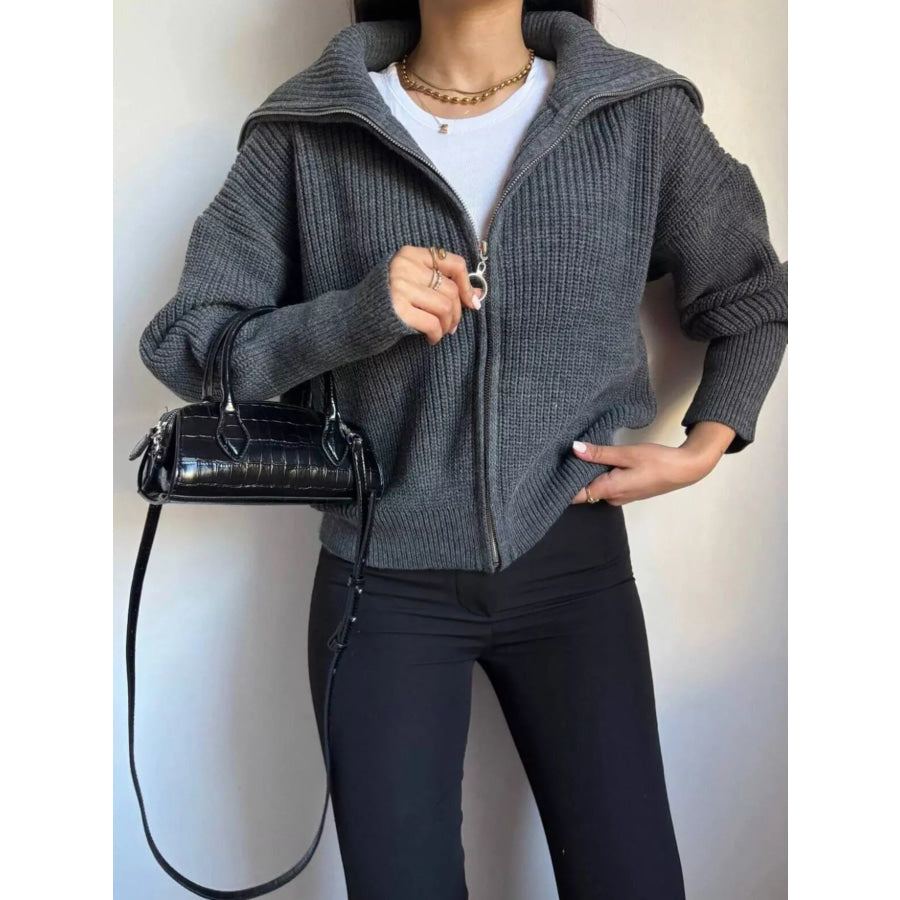 Zip Up Dropped Shoulder Cardigan Gray / S Apparel and Accessories