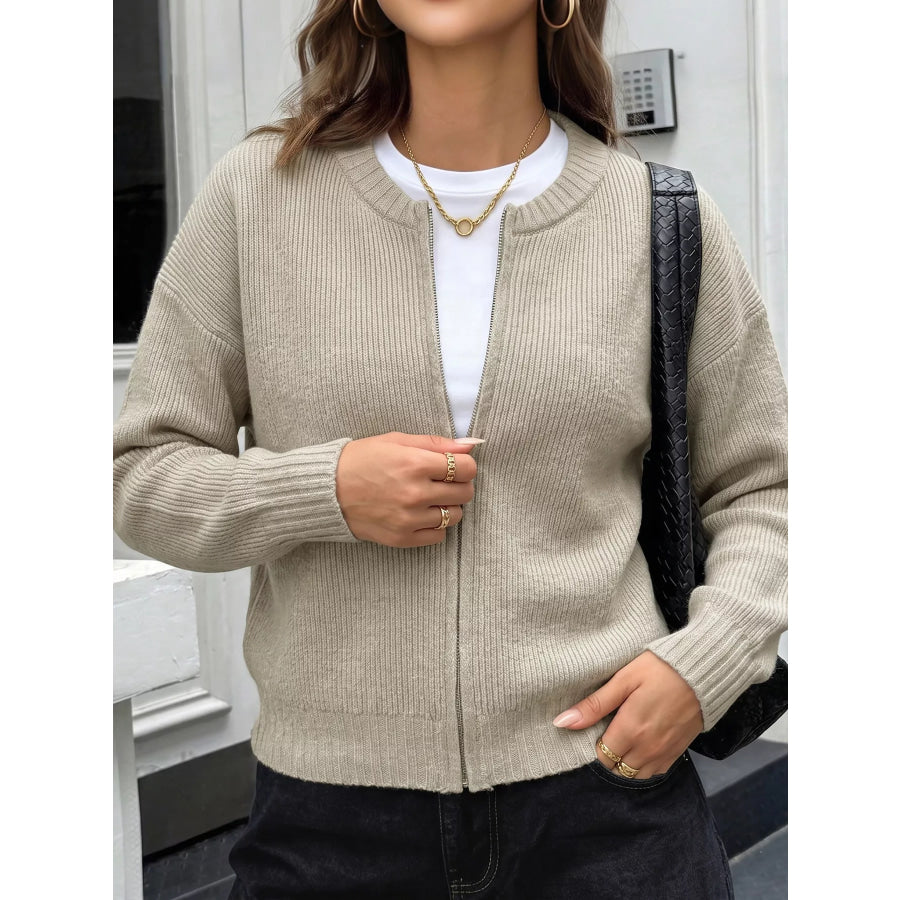 Zip-Up Dropped Shoulder Cardigan Khaki / S Apparel and Accessories