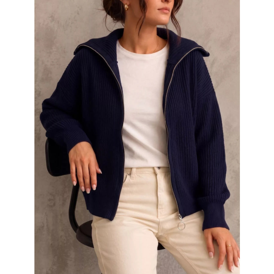 Zip Up Dropped Shoulder Cardigan Navy / S Apparel and Accessories