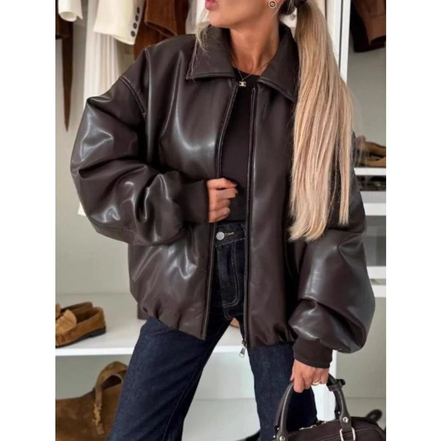 Zip Up Dropped Shoulder Jacket Brown / S Apparel and Accessories