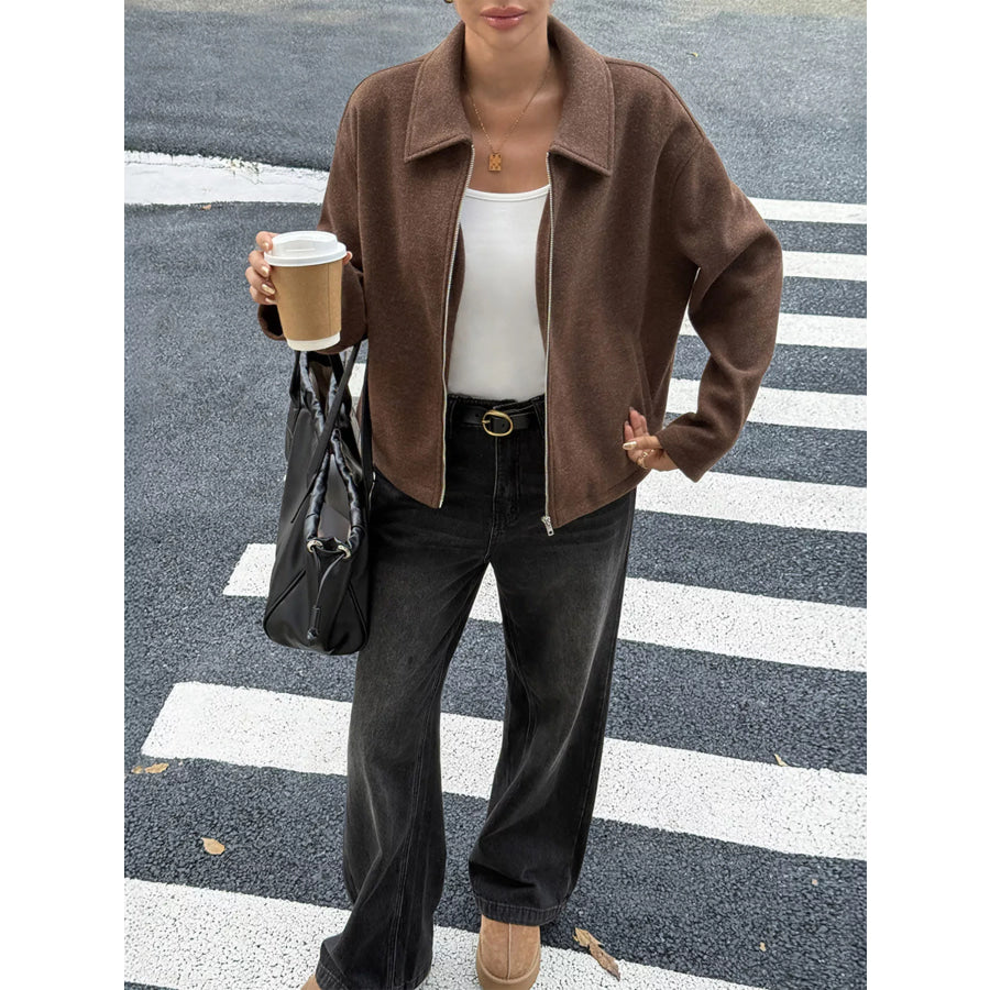 Zip-Up Dropped Shoulder Jacket Apparel and Accessories