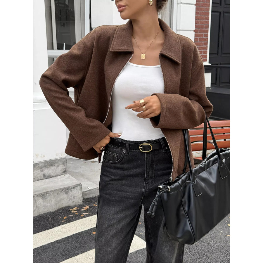 Zip-Up Dropped Shoulder Jacket Apparel and Accessories