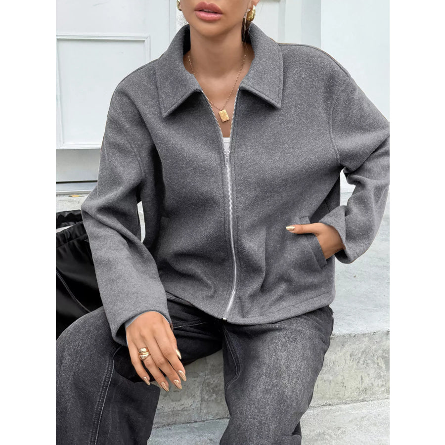 Zip-Up Dropped Shoulder Jacket Apparel and Accessories