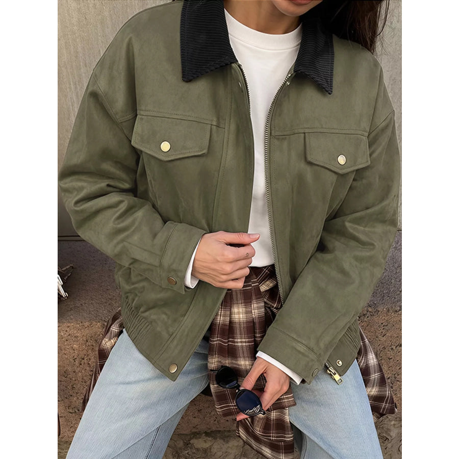 Zip Up Dropped Shoulder Jacket Apparel and Accessories