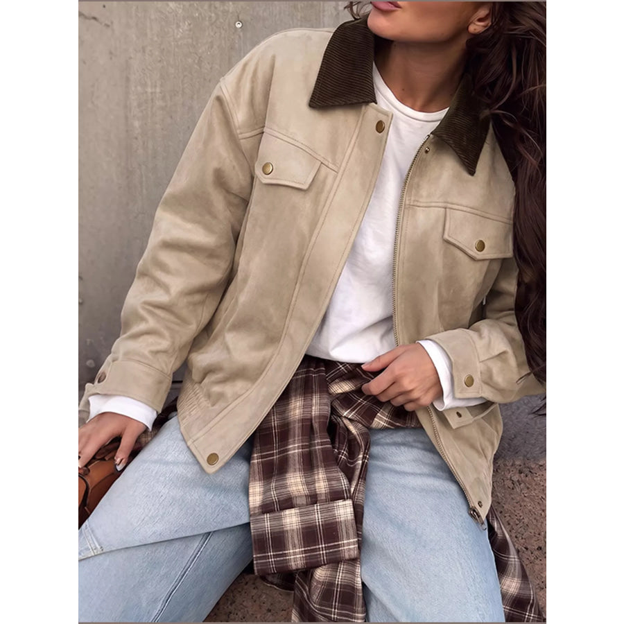Zip Up Dropped Shoulder Jacket Apricot / S Apparel and Accessories