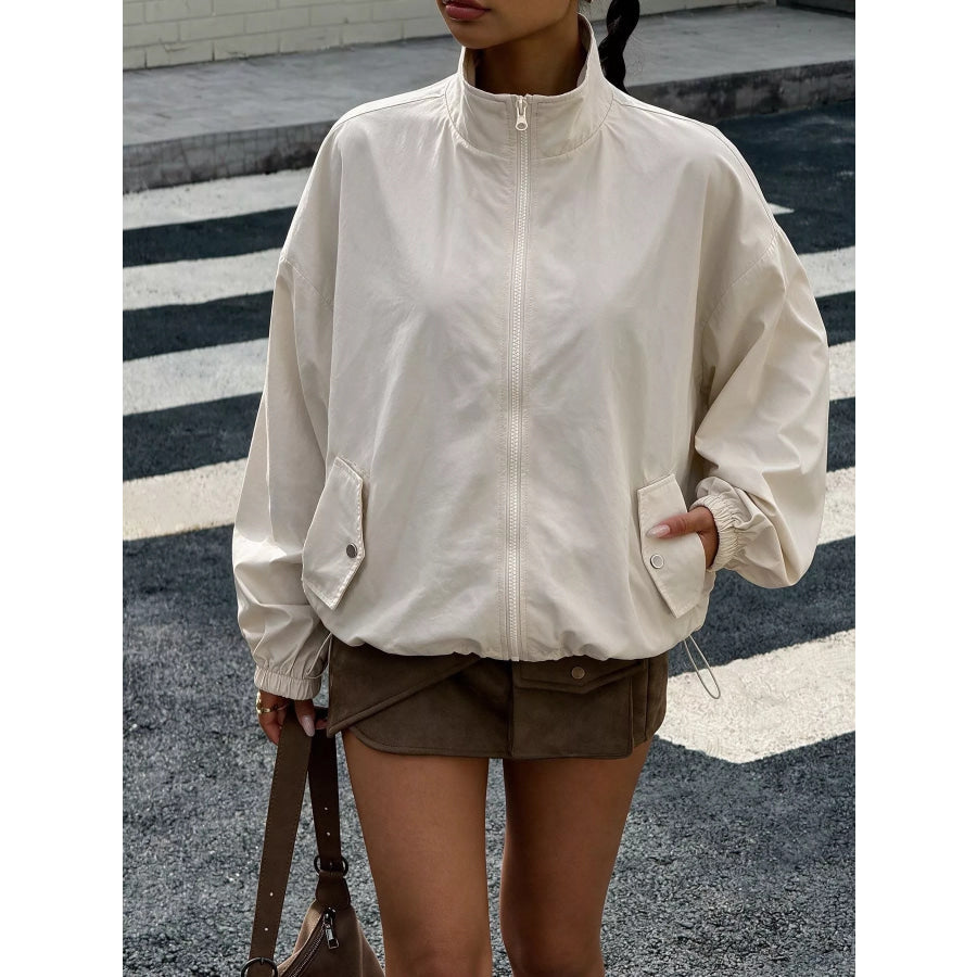 Zip-Up Dropped Shoulder Jacket Apricot / S Apparel and Accessories