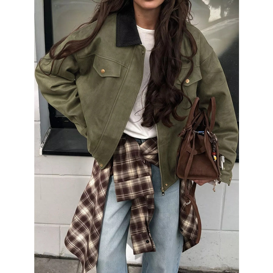 Zip Up Dropped Shoulder Jacket Army Green / S Apparel and Accessories
