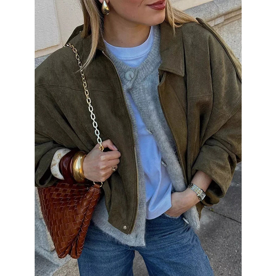 Zip Up Dropped Shoulder Jacket Army Green / XS Apparel and Accessories