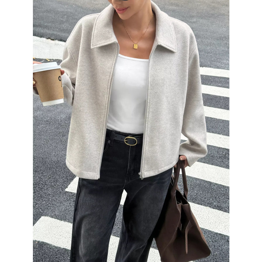 Zip-Up Dropped Shoulder Jacket Beige / S Apparel and Accessories
