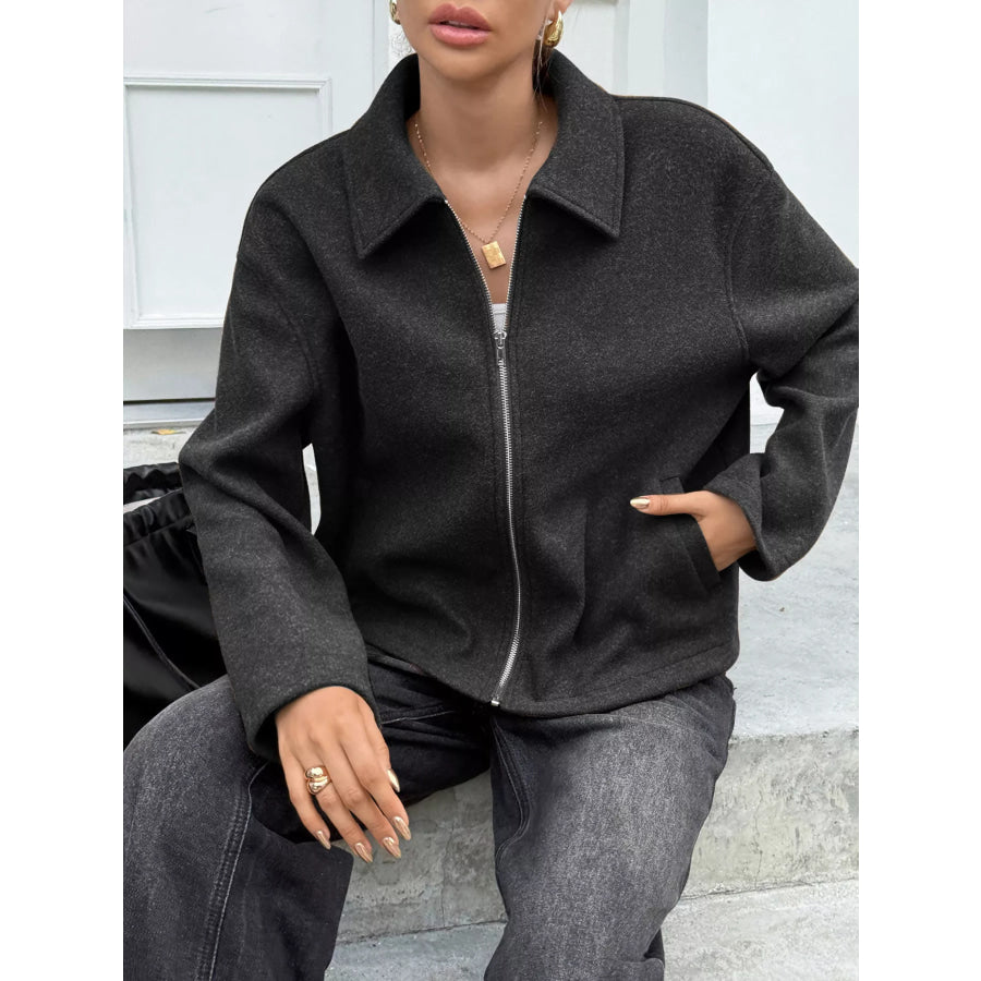 Zip-Up Dropped Shoulder Jacket Black / S Apparel and Accessories