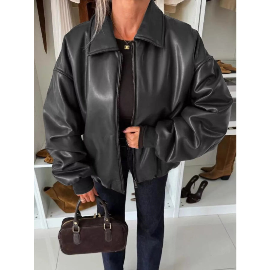 Zip Up Dropped Shoulder Jacket Black / S Apparel and Accessories