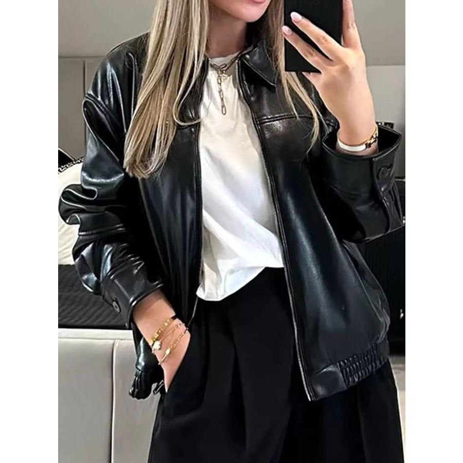 Zip Up Dropped Shoulder Jacket Black / XS Apparel and Accessories