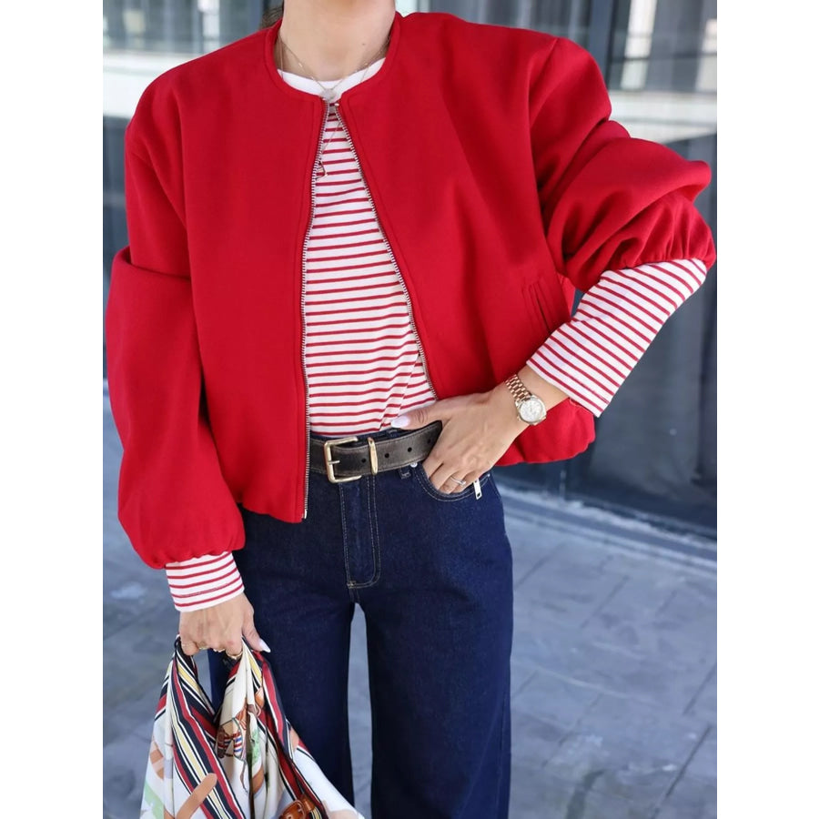Zip Up Dropped Shoulder Jacket Bright Red / XS Apparel and Accessories
