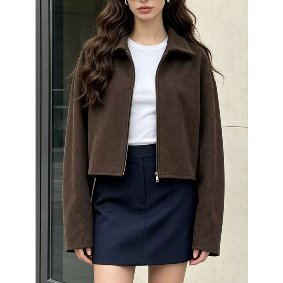Zip Up Dropped Shoulder Jacket Brown / S Apparel and Accessories