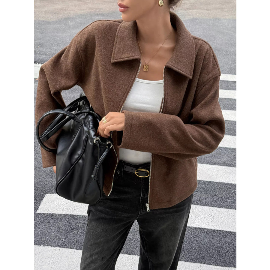 Zip-Up Dropped Shoulder Jacket Brown / S Apparel and Accessories